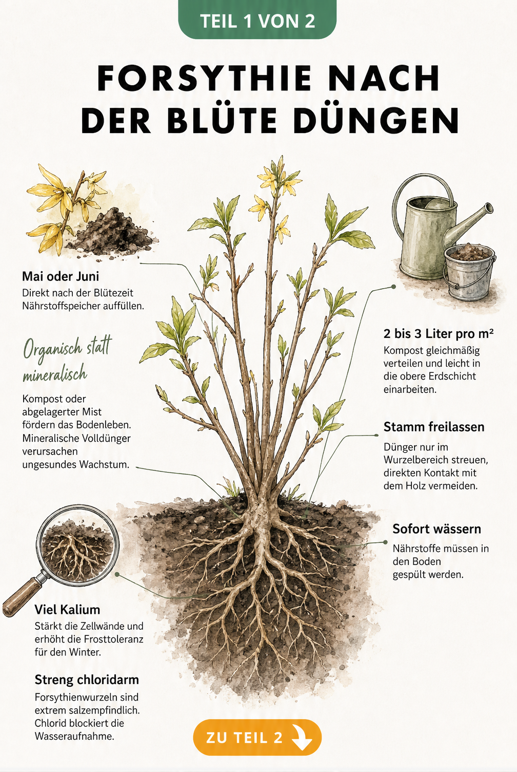 Illustration einer Forsythie mit Hinweisen zur Düngung nach der Blüte, inklusive Zeitpunkt, Menge und Nährstoffen