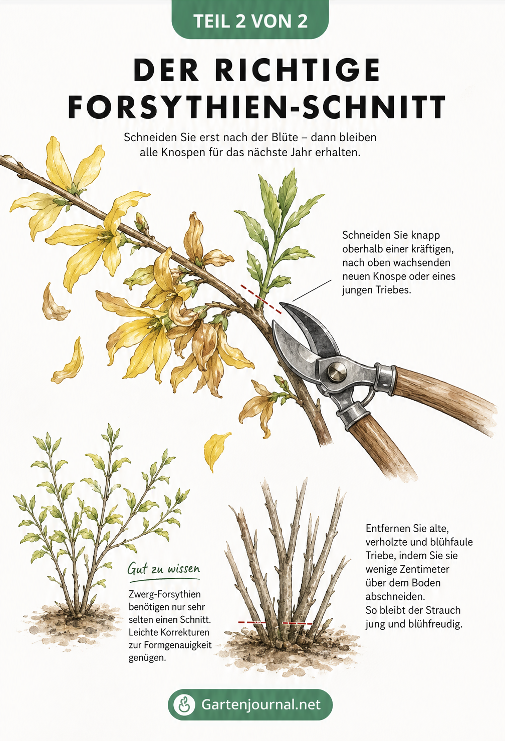 Risszeichnung eines Forsythien-Zweigs nach der Blüte, bei dem eine Schere knapp über einer neuen Knospe ansetzt.