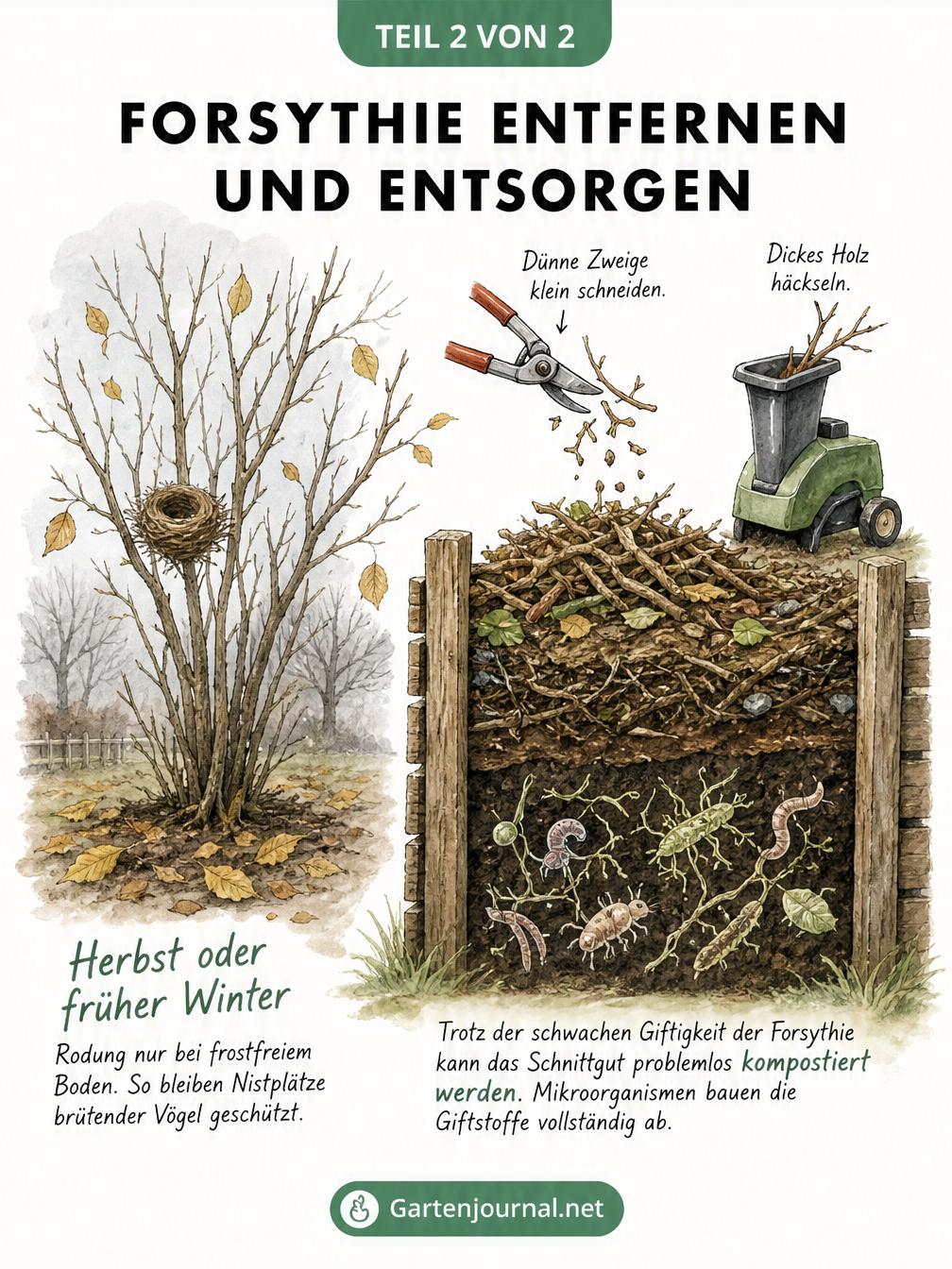 Illustration eines kahlen Forsythienstrauchs im Herbst und der Kompostierung des Schnittguts