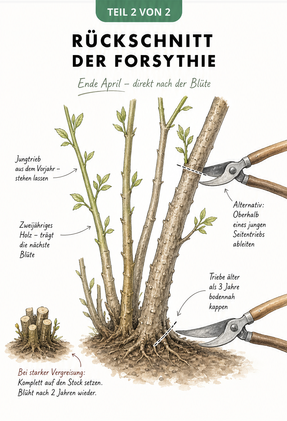Zeichnung des Astgerüsts einer Forsythie mit Markierungen für den Rückschnitt von altem und jungem Holz