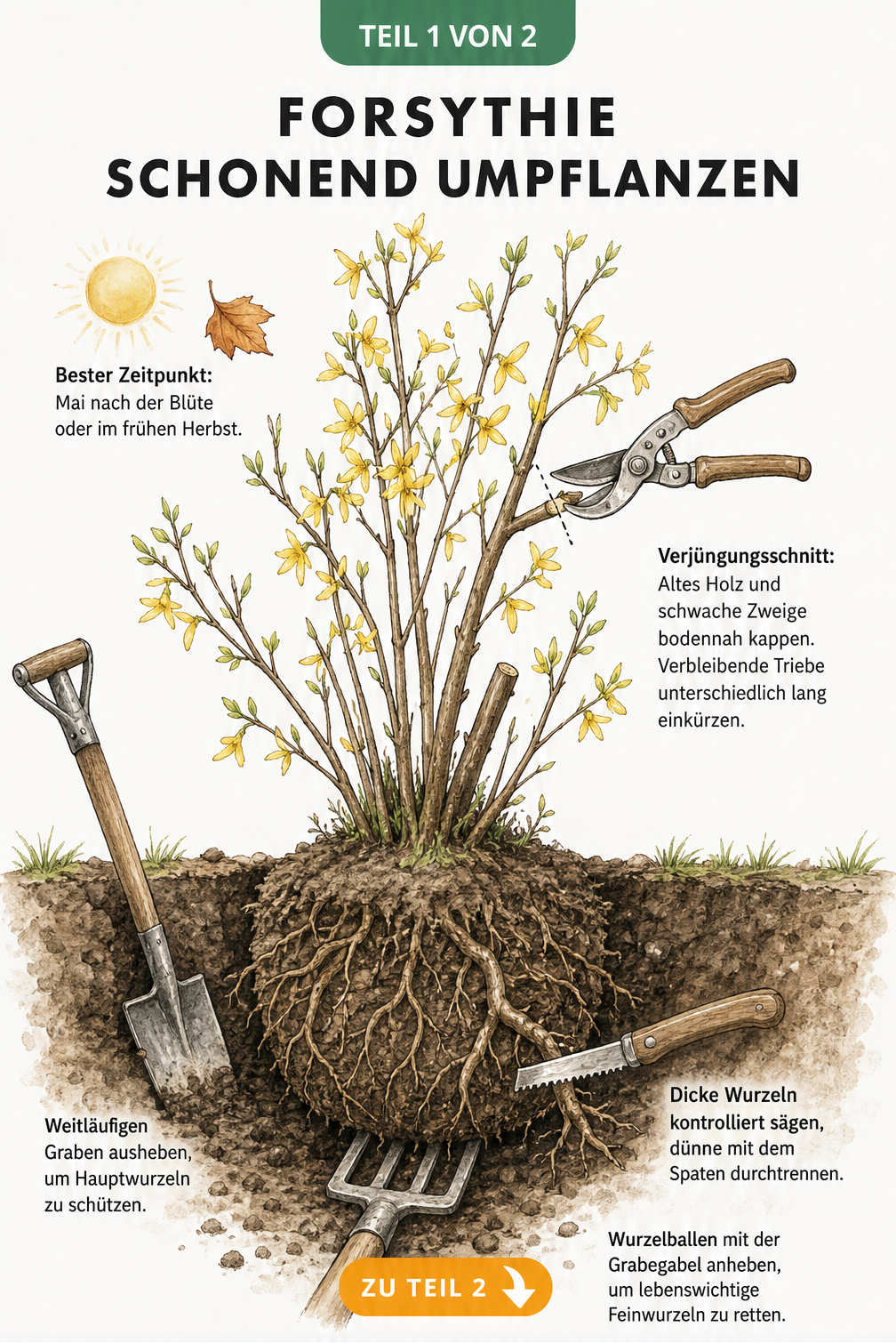 Illustration einer Forsythie im Querschnitt mit Hinweisen zu Zeitpunkt, Rückschnitt und Ausgraben des Wurzelballens
