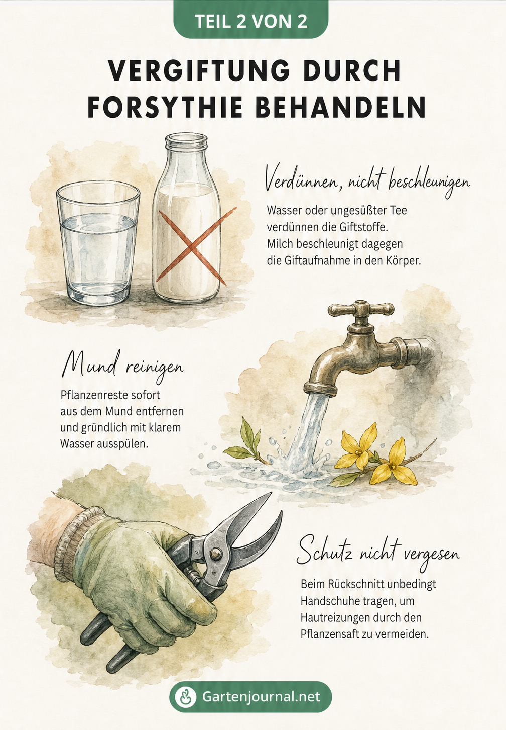 Aquarell-Illustrationen zeigen Erste-Hilfe-Maßnahmen bei Forsythien-Vergiftung: Wasser trinken, Mund ausspülen und Handschuhe beim Rückschnitt tragen.