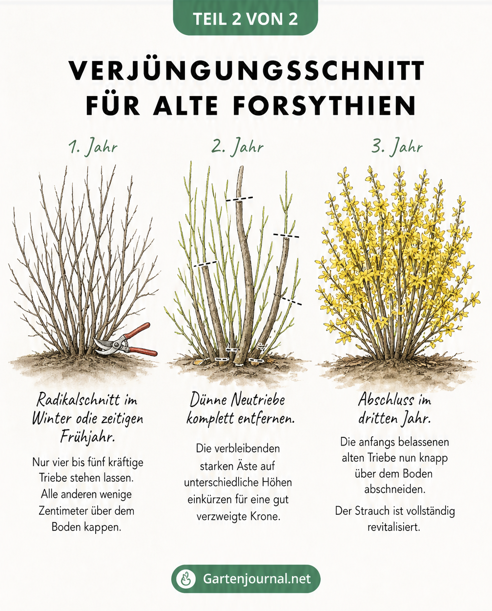 Skizze in drei Phasen, die den Verjüngungsschnitt einer alten Forsythie vom Radikalschnitt im Winter bis zum revitalisierten Strauch im dritten Jahr darstellt.