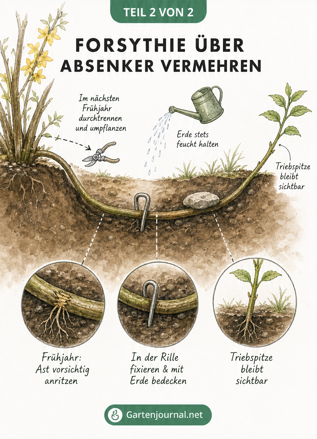 Querschnittszeichnung zur Vermehrung einer Forsythie durch Absenker im Erdreich.