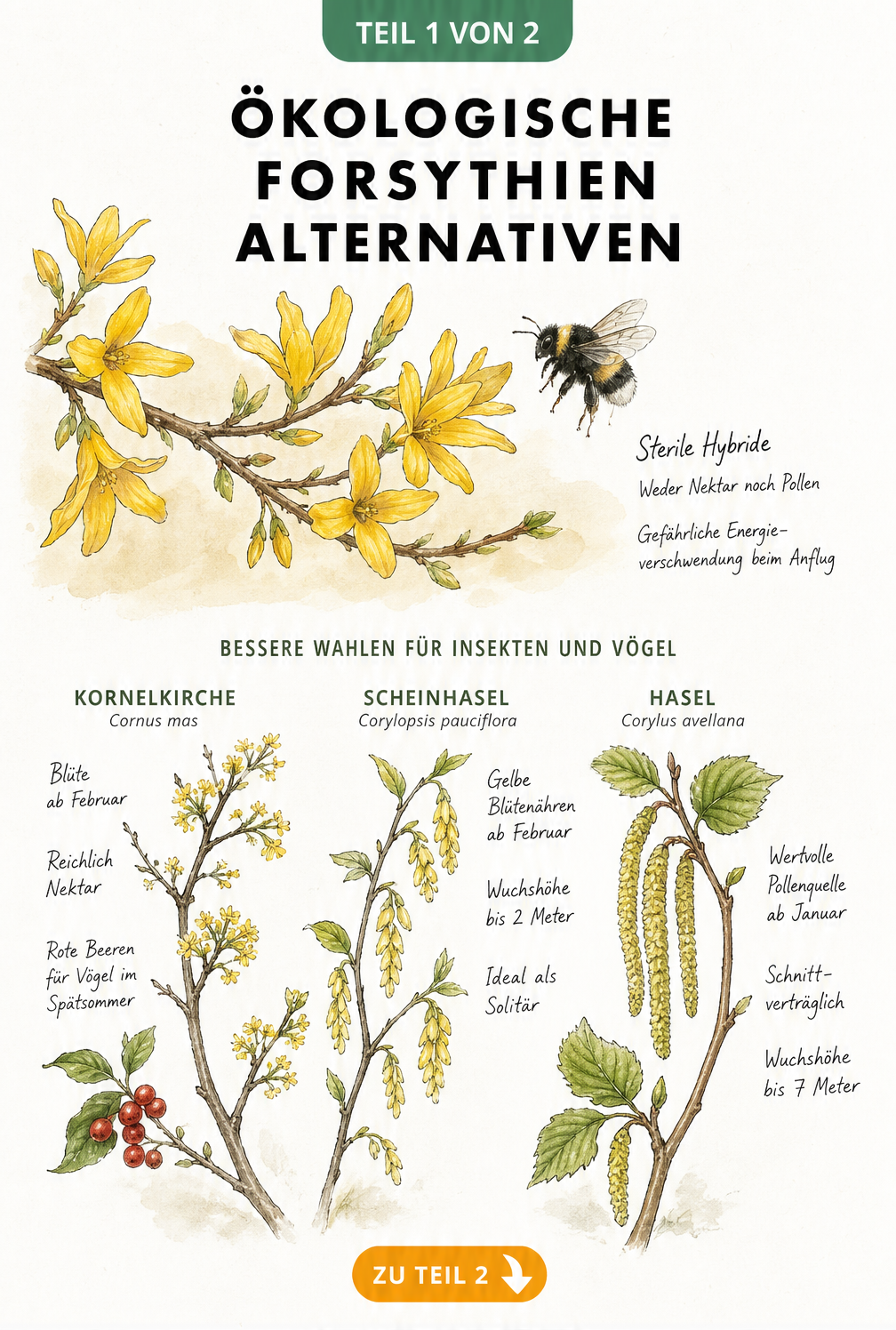 Botanische Illustration von Forsythien und insektenfreundlichen Alternativen wie Kornelkirsche, Scheinhasel und Hasel
