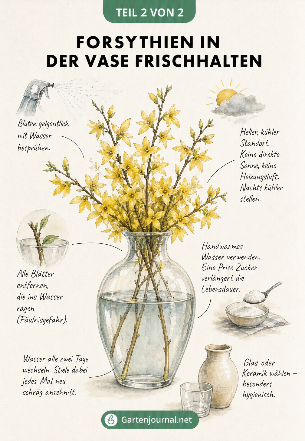 Illustration einer Glasvase mit blühenden Forsythien und Pflegetipps für lange Haltbarkeit