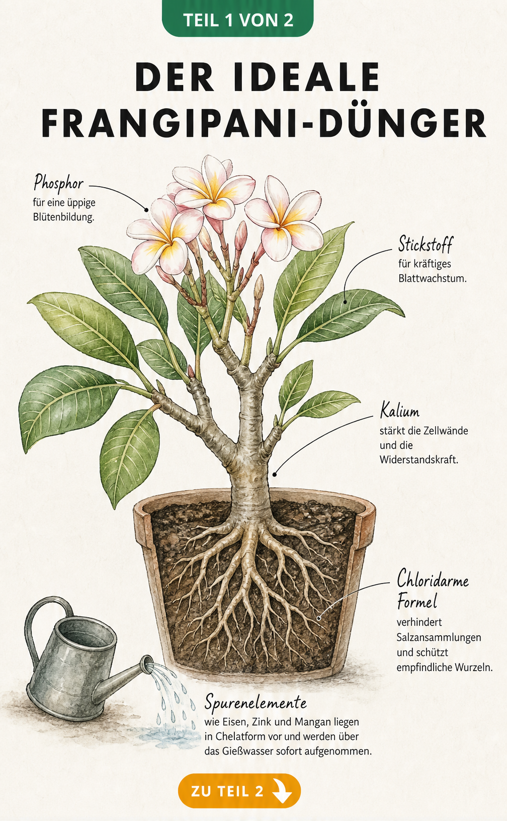 Botanische Illustration einer Frangipani im Querschnitt mit Nährstoffverteilung von Phosphor, Stickstoff und Kalium