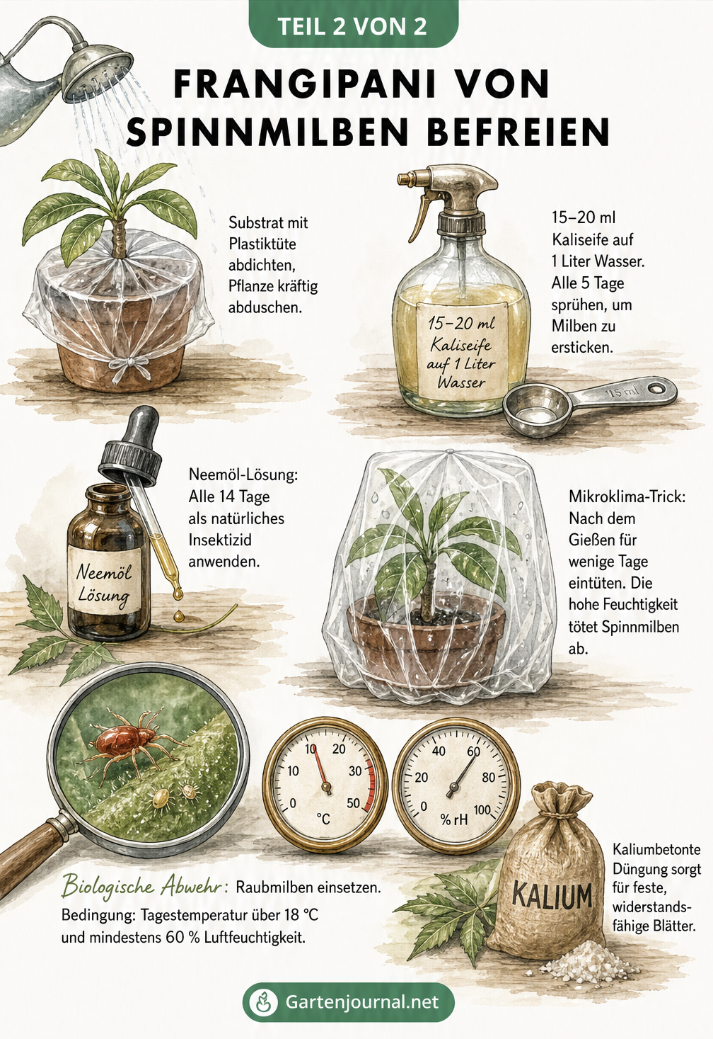 Illustration verschiedener Methoden zur Bekämpfung von Spinnmilben an Frangipani, darunter Abduschen, Kaliseife, Neemöl und Raubmilben.