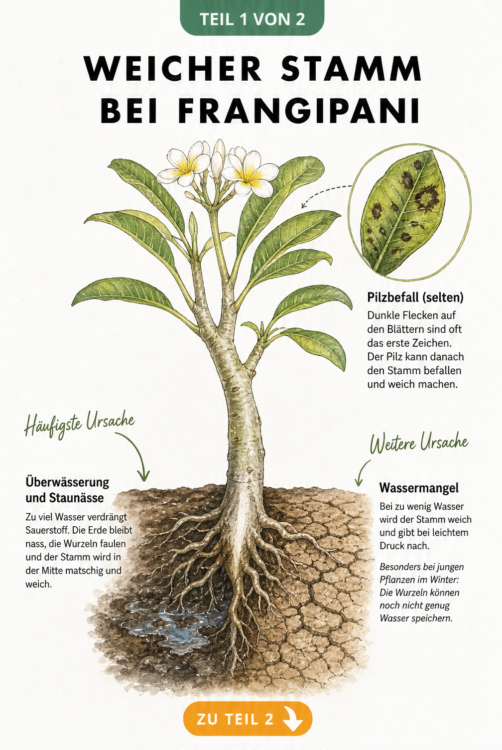 Illustration einer Frangipani-Pflanze, die Ursachen für einen weichen Stamm wie Staunässe, Trockenheit und Pilzbefall zeigt