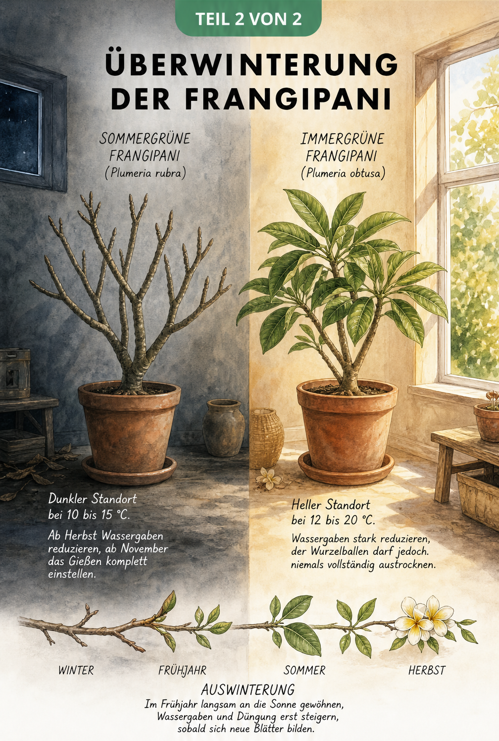 Illustration zur Überwinterung der Frangipani, aufgeteilt in sommergrüne und immergrüne Arten mit Hinweisen zu Temperatur und Gießen.