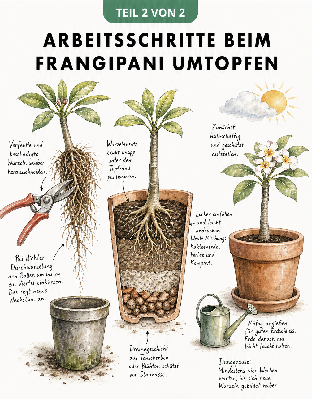 Handgezeichnete Anleitung zum Umtopfen einer Frangipani: Austopfen, Wurzelpflege, Einsetzen in den neuen Topf und Nachsorge.