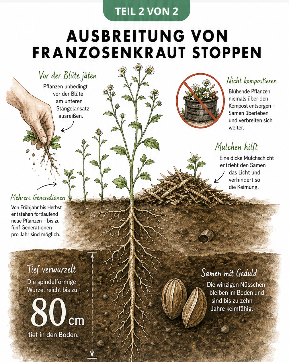 Querschnitt-Darstellung von Franzosenkraut im Boden mit tiefen Wurzeln und Samen sowie Tipps zur Bekämpfung durch Jäten, Mulchen und richtige Kompostierung.
