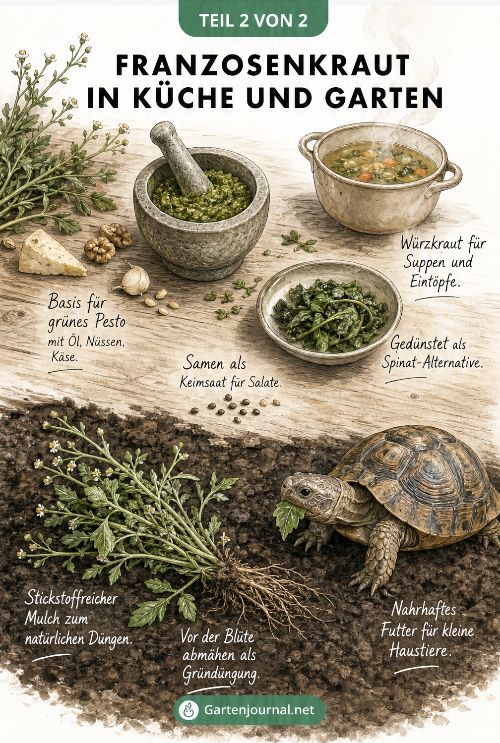 Illustration zur Verwendung von Franzosenkraut in Küche und Garten
