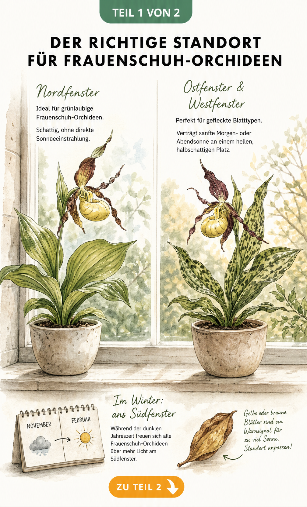 Botanische Illustration der Frauenschuh-Orchidee mit Lichtbedarf für grünlaubige und gefleckte Arten am Fenster