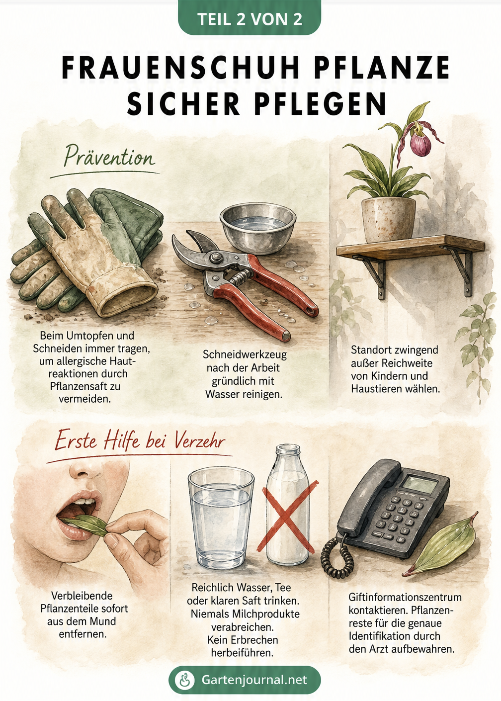 Illustration zur sicheren Pflege der Frauenschuh-Orchidee mit Handschuhen und Erster Hilfe bei Verzehr