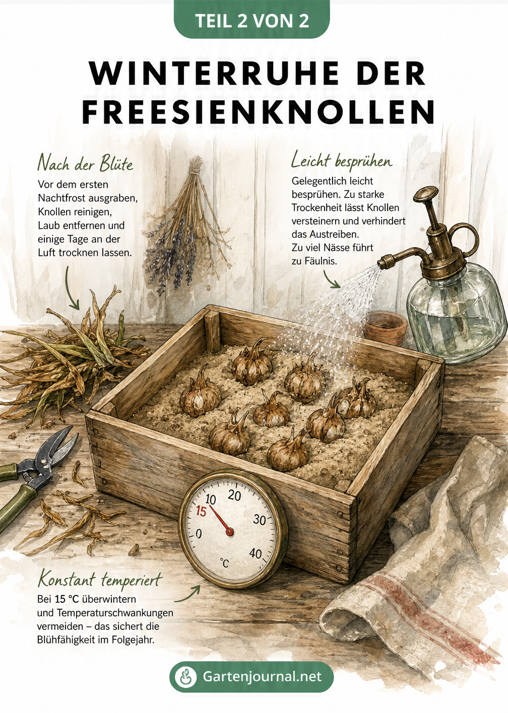 Illustration einer Holzkiste mit Sand und Freesienknollen zur Überwinterung in einer Gartenhütte