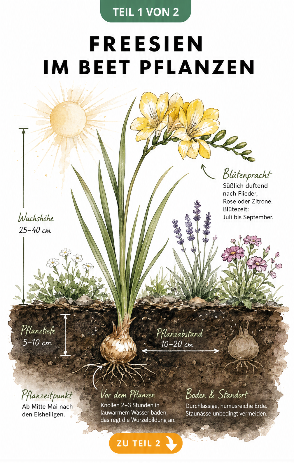 Botanische Querschnitt-Illustration eines Gartenbeets mit einer Freesienknolle und einer blühenden Freesie