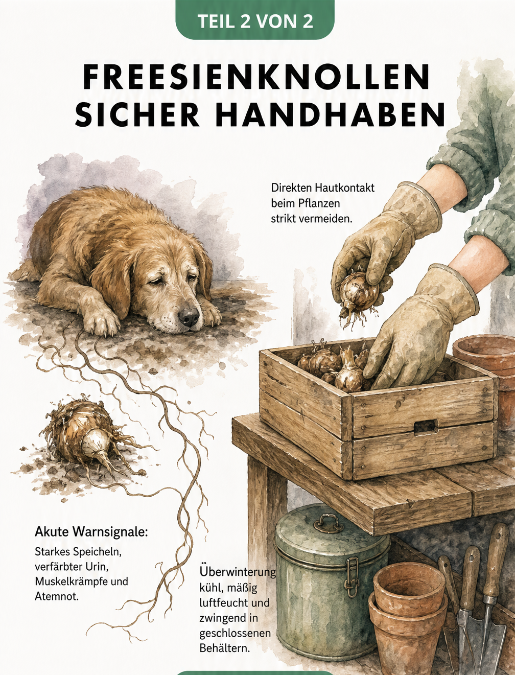 Illustration eines erschöpften Hundes neben einer Freesienknolle mit Warnsignalen sowie Gärtnerhände mit Handschuhen, die Knollen sicher in einer Holzkiste...