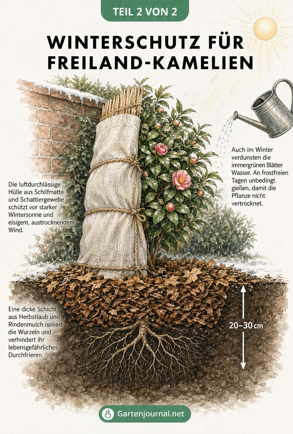 Illustration einer Freiland-Kamelie mit Winterschutz aus Laub, Rindenmulch, Schilfmatte und Schattiergewebe