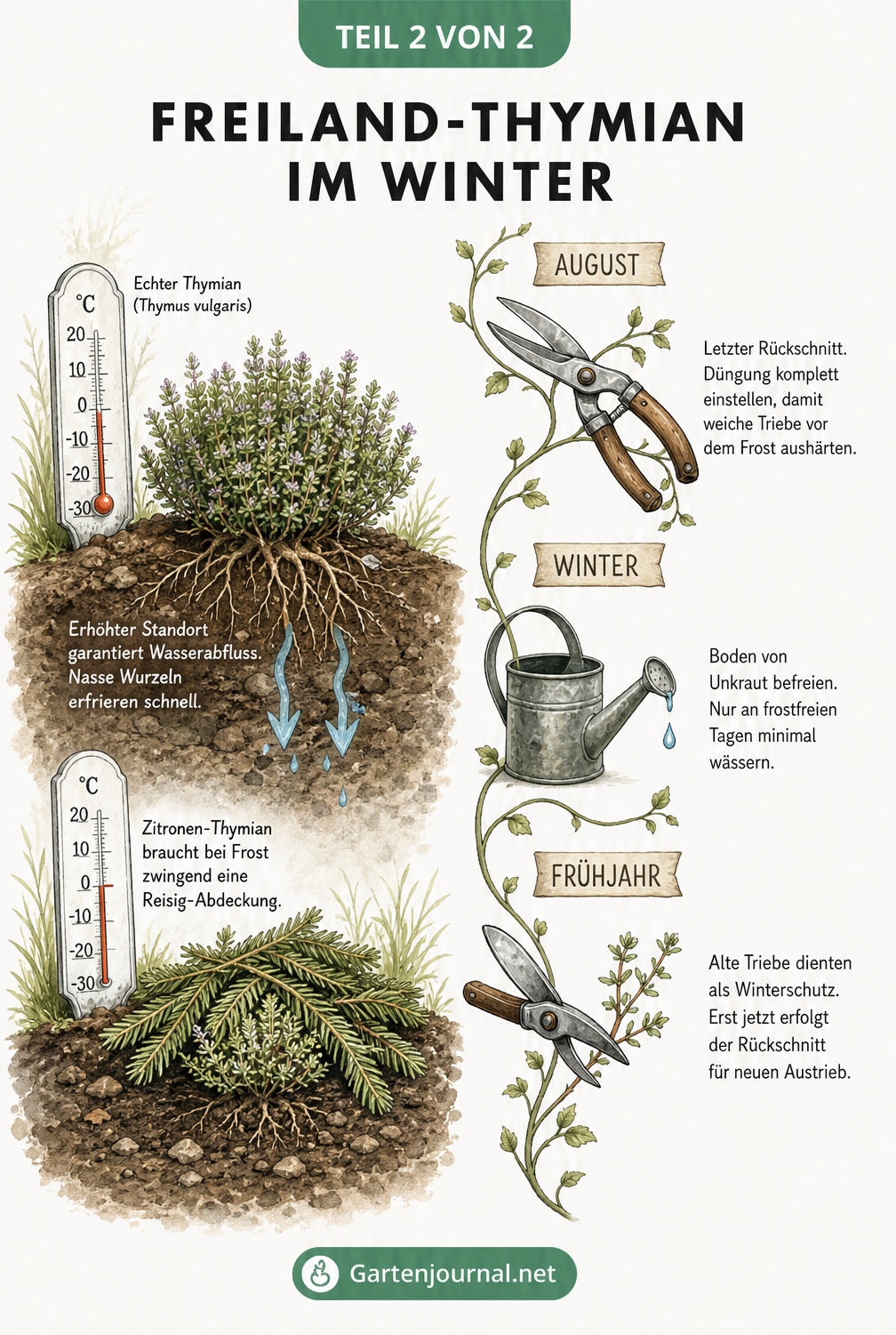 Zweigeteilte Illustration eines Thymians im Beet mit Thermometern und einem Zeitplan für die Winterpflege
