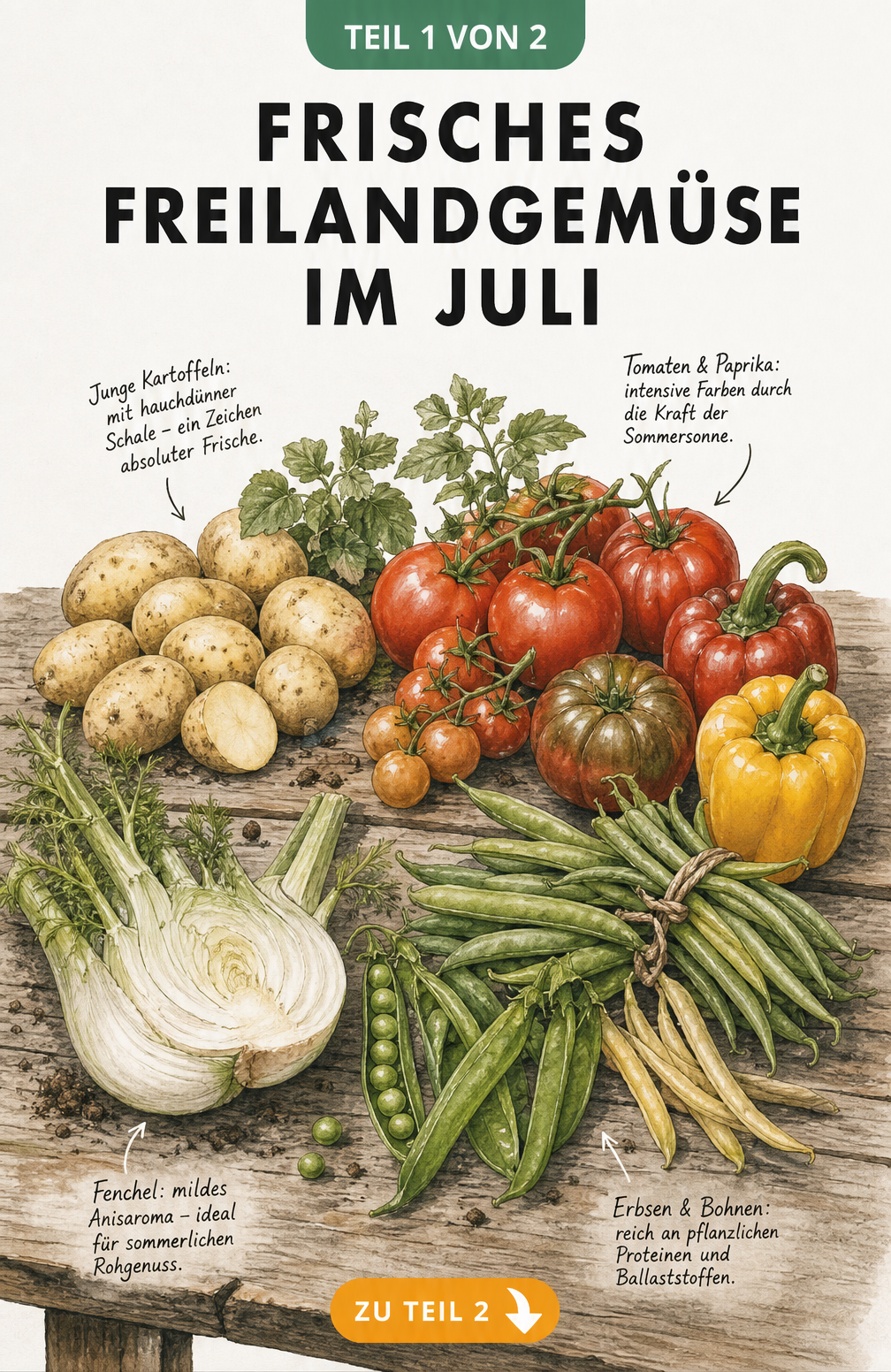 Illustration von frischem Freilandgemüse im Juli auf einem Holztisch mit handschriftlichen Notizen