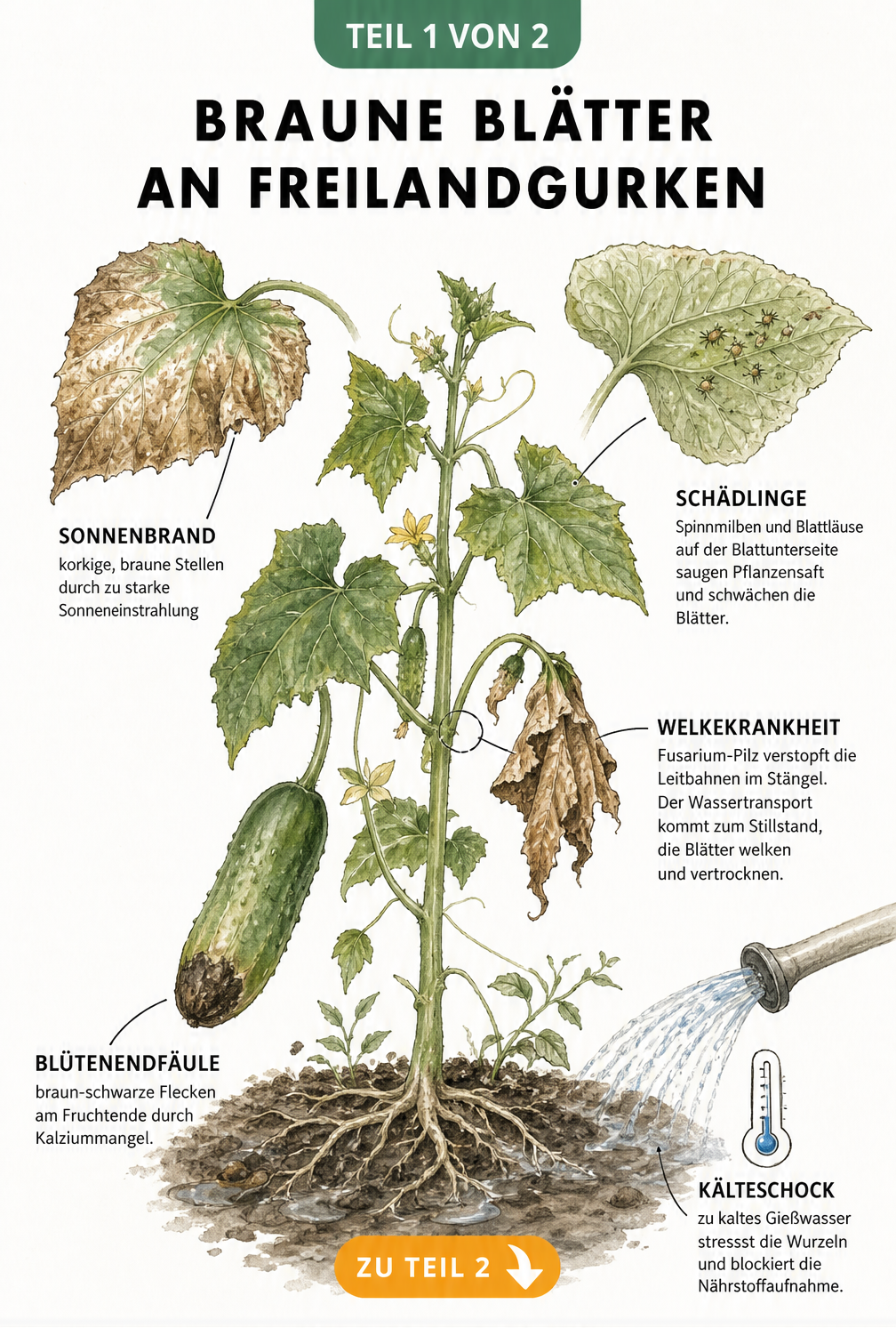 Botanische Illustration einer Gurkenpflanze mit Schadbildern wie Sonnenbrand, Spinnmilben, Fusarium-Welke, Blütenendfäule und Kälteschock an den Wurzeln.