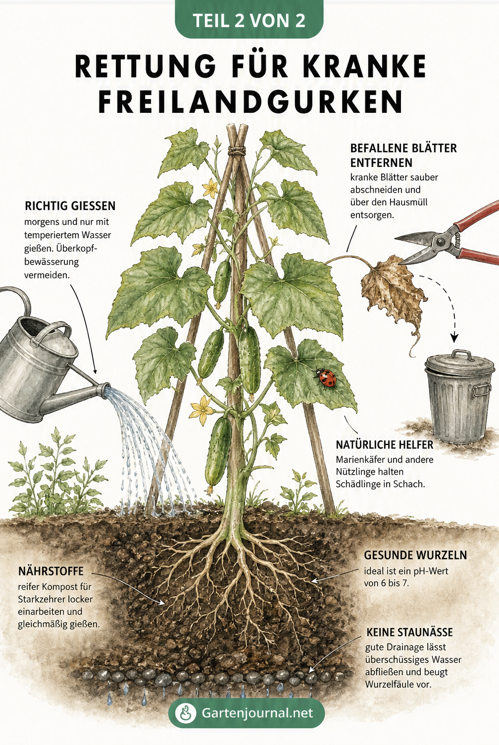 Schnittzeichnung eines Gartenbeets mit einer gesunden Gurkenpflanze an einer Rankhilfe, richtigem Gießen im Wurzelbereich und dem Abschneiden kranker Blätter.