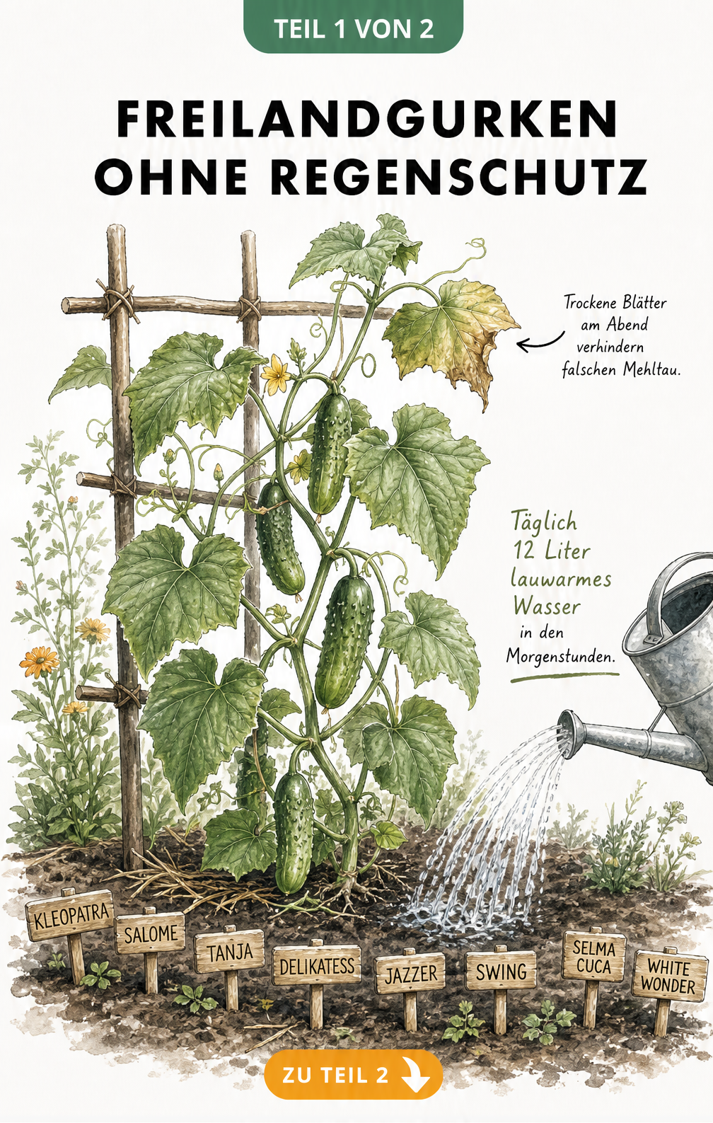 Botanische Illustration einer Freilandgurke am Rankgitter mit Sortenschildern und Gießkanne