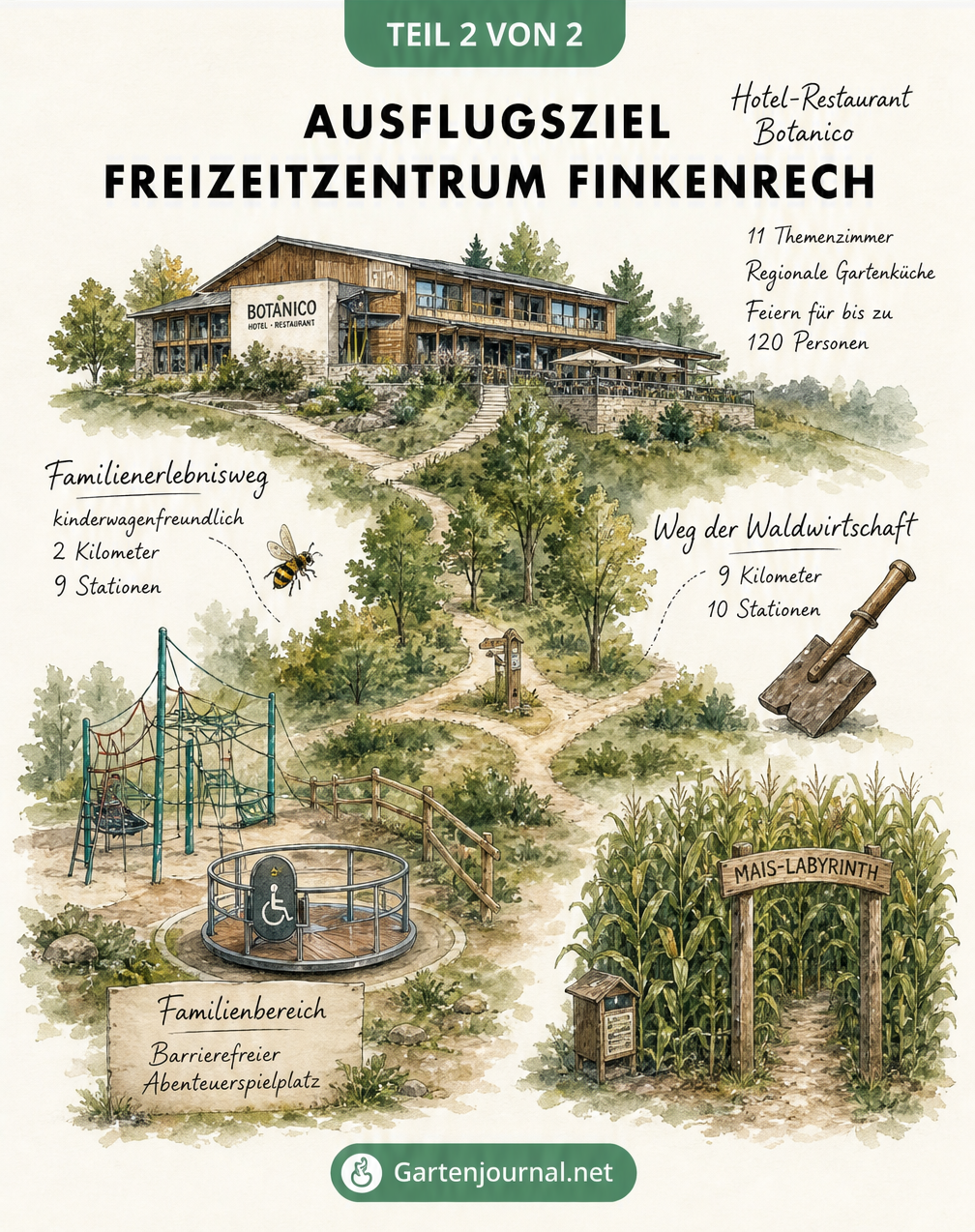 Isometrische Landschaftszeichnung des Freizeitzentrums Finkenrech mit Abenteuerspielplatz, Mais-Labyrinth, Wanderwegen und dem Hotel-Restaurant Botanico