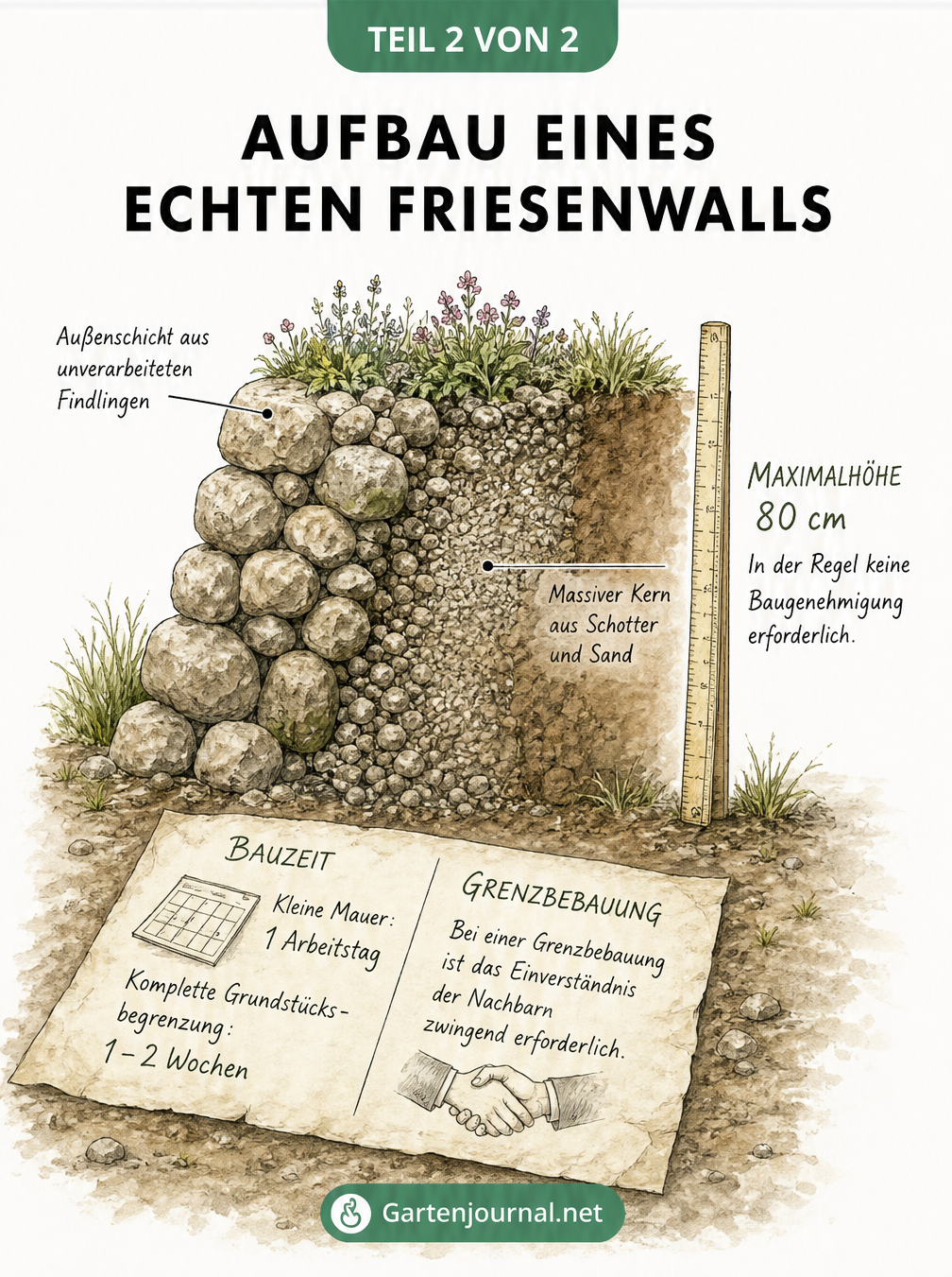 Querschnitt eines Friesenwalls mit Findlingen außen und Schotter-Sand-Gemisch innen, inklusive Bauzeit und rechtlichen Hinweisen.