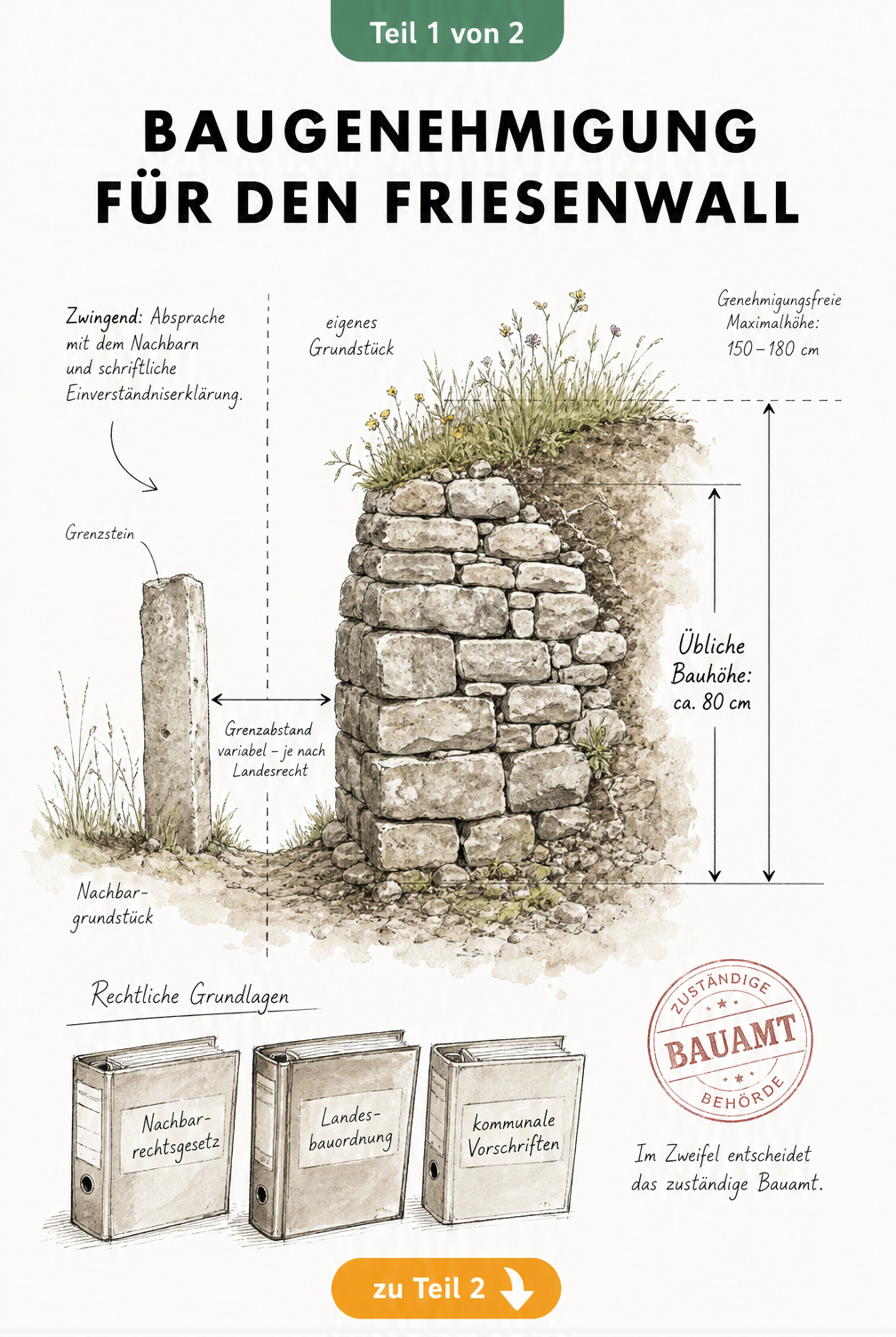 Architekturskizze eines Friesenwalls im Querschnitt mit Maßlinien für Bauhöhe und Grenzabstand