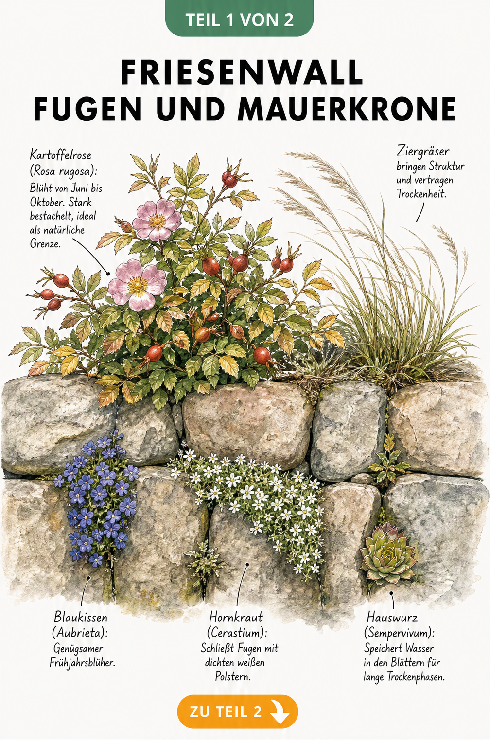 Illustration eines Friesenwalls mit Kartoffelrose auf der Mauerkrone und Blaukissen, Hornkraut sowie Hauswurz in den Fugen