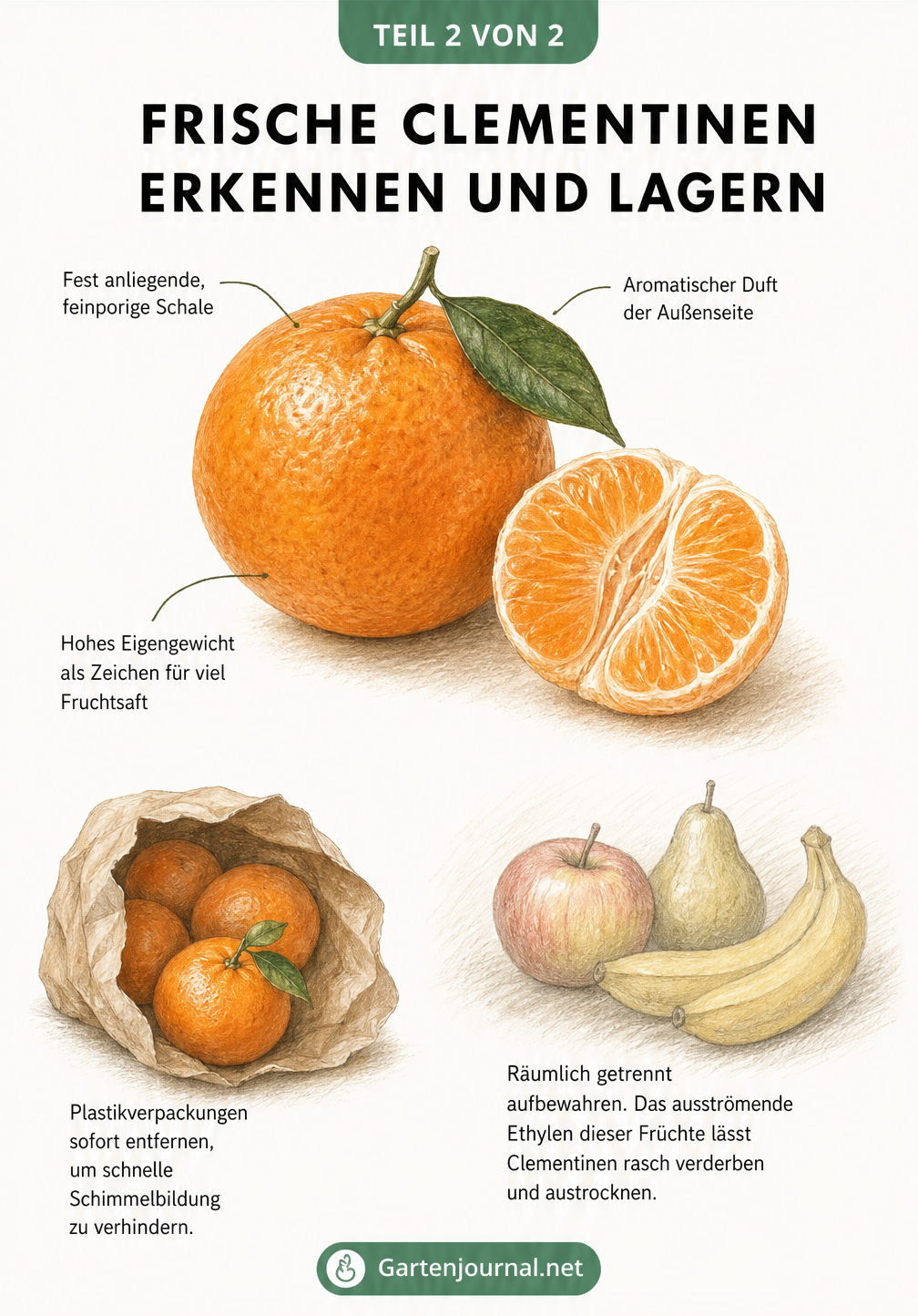 Buntstift-Zeichnung einer ganzen und einer halben Clementine mit Tipps zur Erkennung frischer Früchte und zur richtigen Lagerung ohne Plastik.