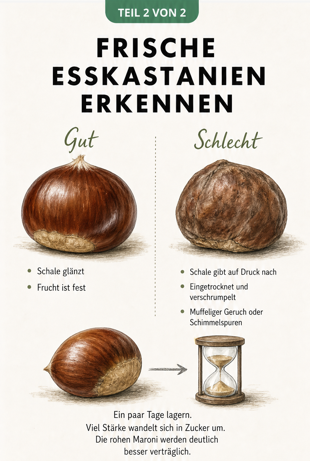 Vergleich einer frischen und einer verdorbenen Esskastanie mit Tipps zur Lagerung