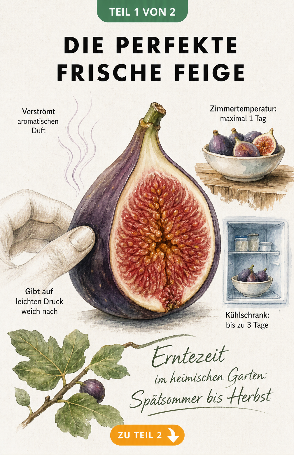 Botanische Illustration einer aufgeschnittenen Feige mit Hinweisen zu Reifeprüfung, Lagerung und Erntezeit
