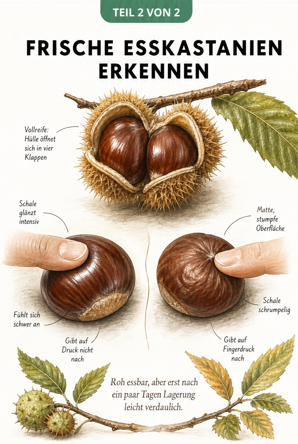 Illustration einer frischen und einer überlagerten Maroni mit Merkmalen wie Glanz und Druckfestigkeit