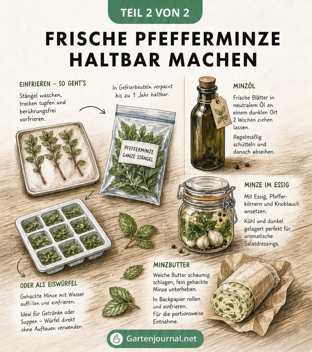 Illustration einer rustikalen Küchenanrichte mit verschiedenen Methoden, um frische Pfefferminze haltbar zu machen, wie Einfrieren, Minzöl, Minzessig und...