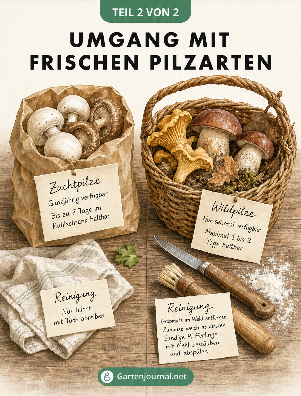 Illustration zur Lagerung und Reinigung von Zuchtpilzen und Wildpilzen auf einer Küchenarbeitsplatte