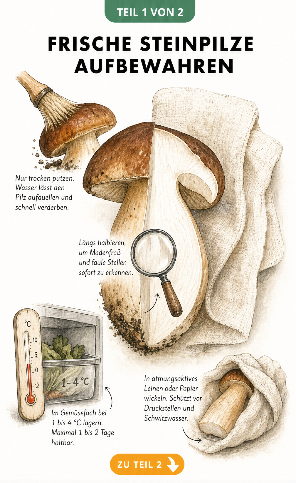 Illustration eines halbierten Steinpilzes mit Tipps zum Putzen, Kontrollieren und Lagern im Leinentuch bei 1 bis 4 Grad.