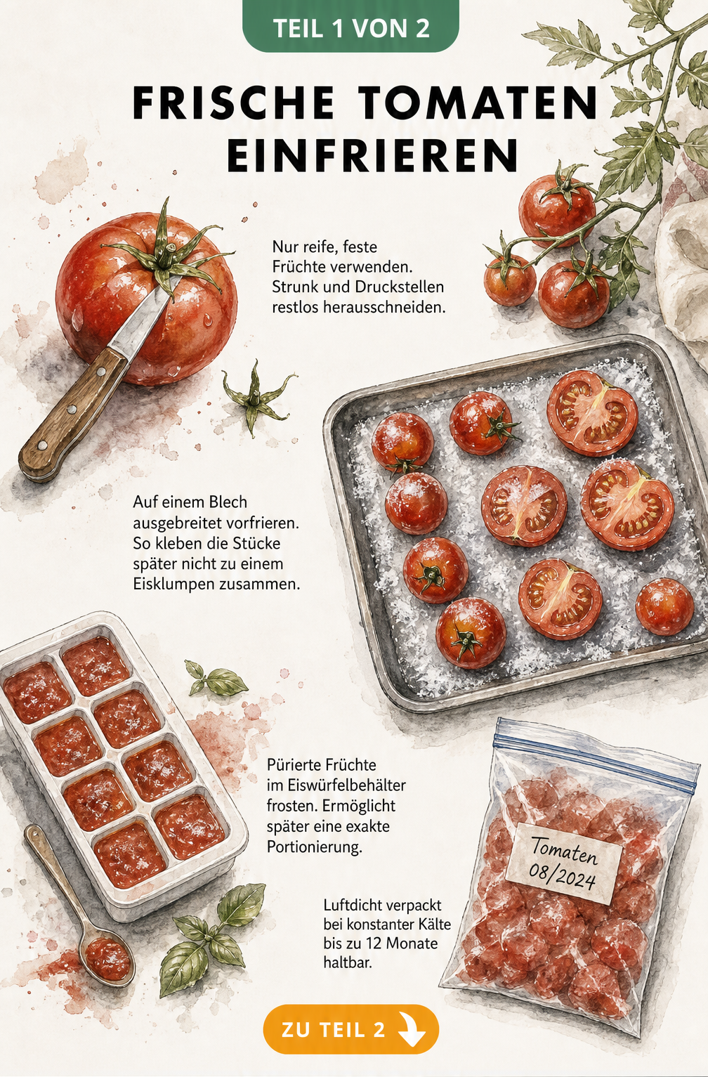 Illustration verschiedener Methoden zum Einfrieren frischer Tomaten: Vorbereitung, Vorfrieren auf dem Blech, Pürieren und luftdichte Lagerung.
