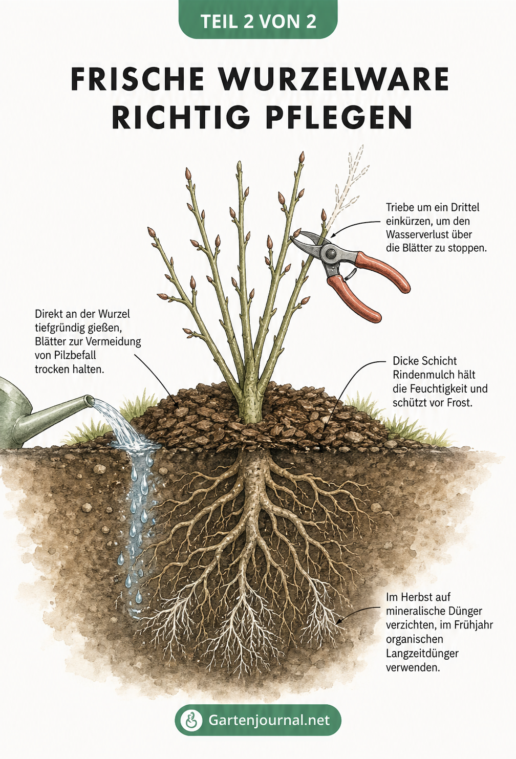 Botanische Illustration zur Pflege von frisch gepflanzter Wurzelware mit Rückschnitt, Mulchen und Gießen