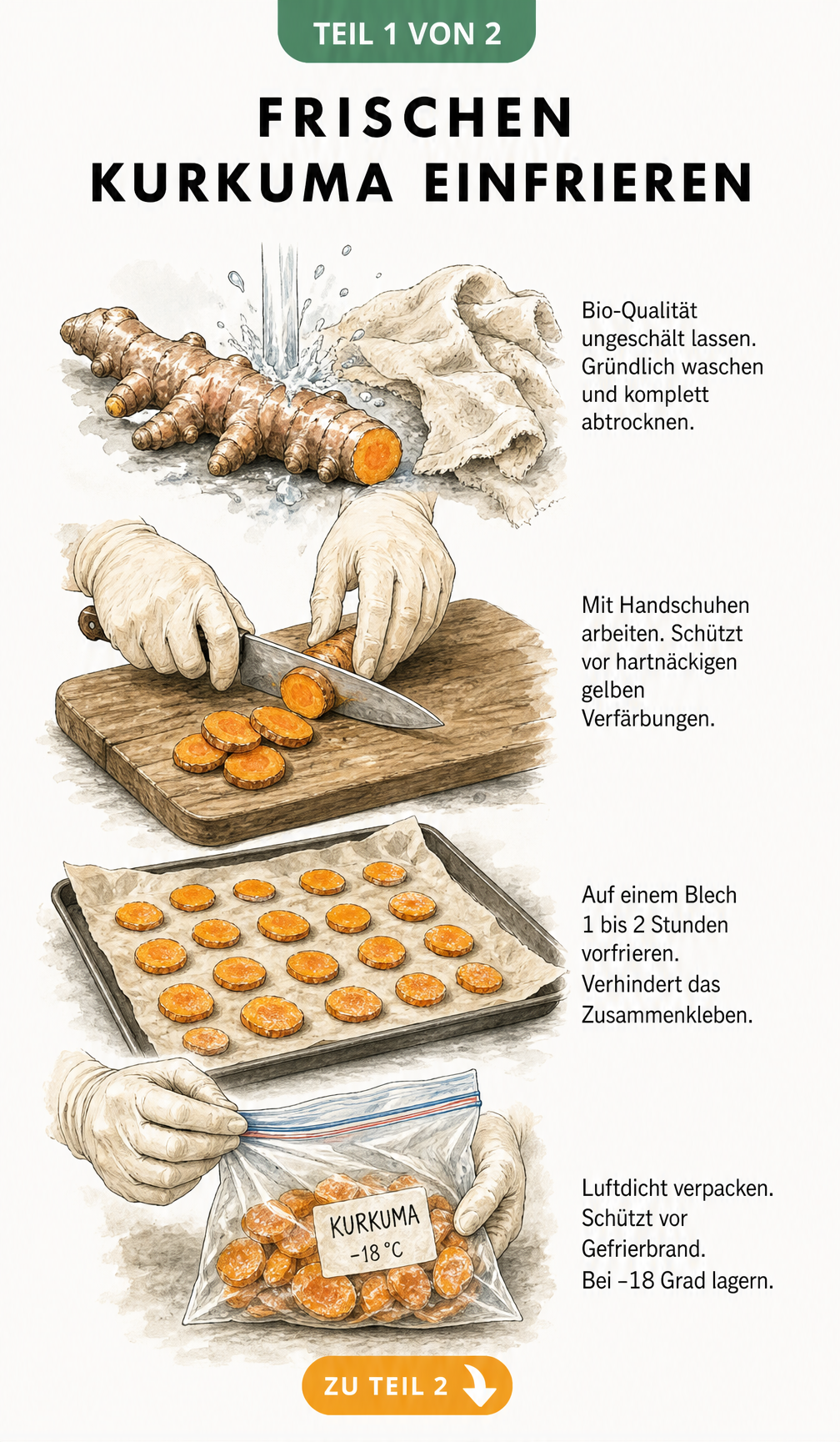 Illustration: Frischen Kurkuma waschen, in Scheiben schneiden, auf einem Blech vorfrieren und luftdicht im Gefrierbeutel verpacken.
