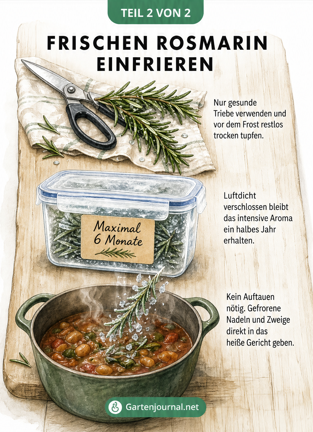 Aquarell-Illustration zum Einfrieren von Rosmarin: Vorbereitung mit Schere, luftdichte Lagerung für 6 Monate und direkte Verwendung im Kochtopf ohne Auftauen.