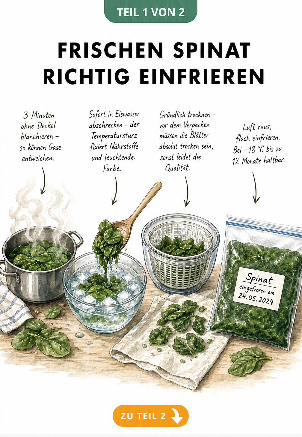 Illustration der vier Schritte zum Einfrieren von frischem Spinat: Blanchieren, Abschrecken in Eiswasser, Trocknen in der Salatschleuder und Verpacken im...