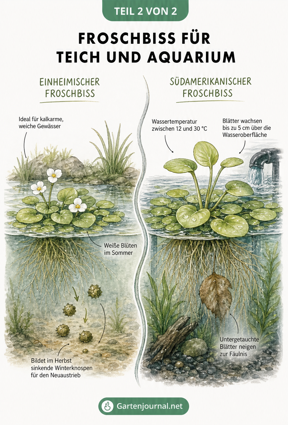 Vergleich von Einheimischem Froschbiss im Gartenteich und Südamerikanischem Froschbiss im Aquarium