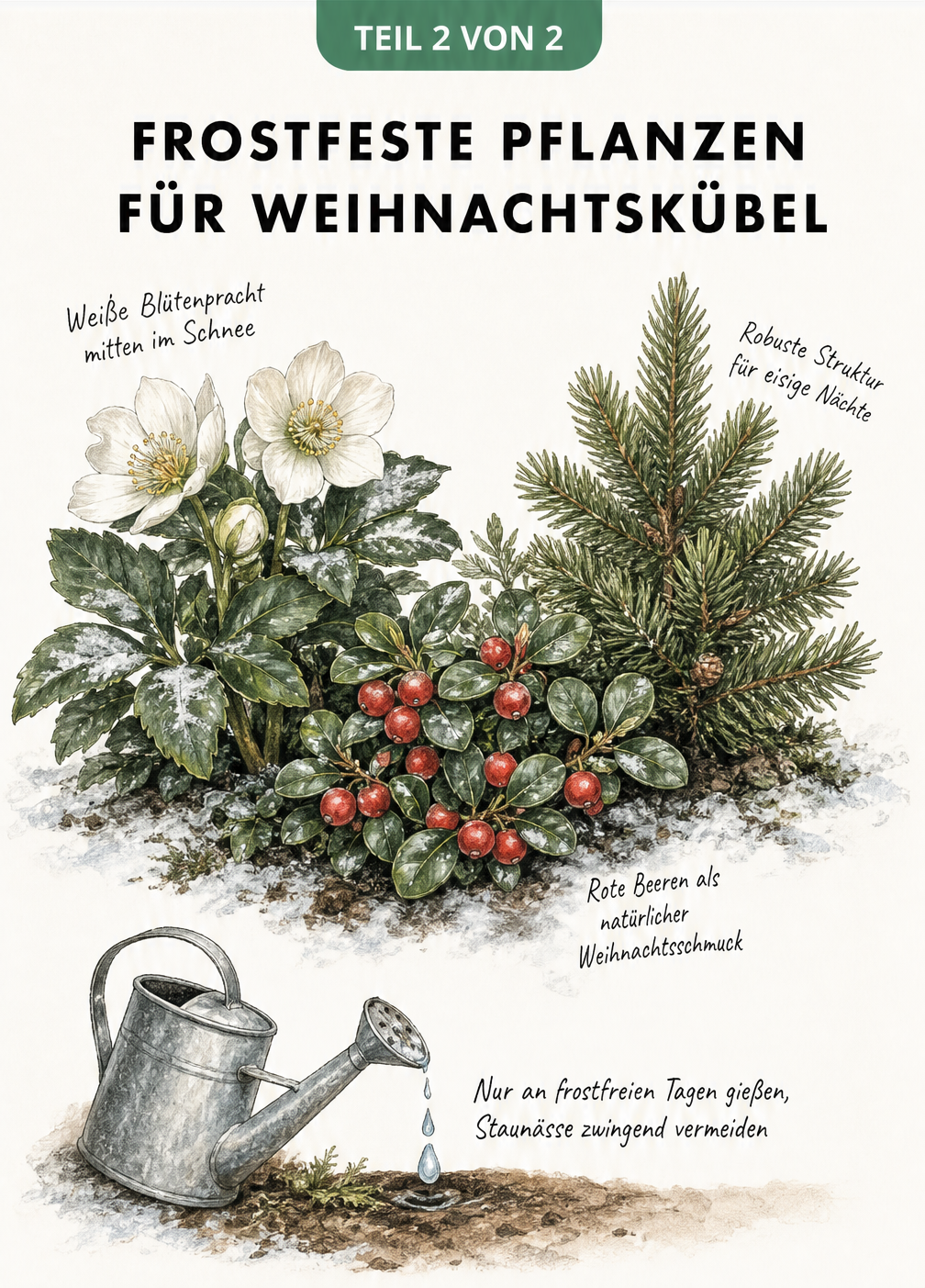 Illustration von frostfesten Winterpflanzen: Christrose, Scheinbeere und Zwerg-Kiefer mit Gießkanne