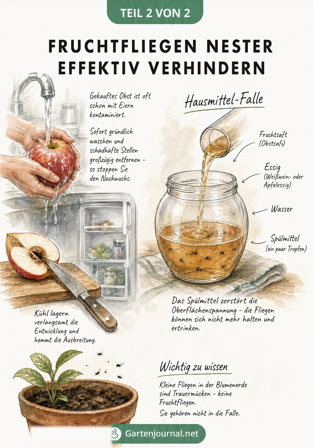 Illustration von Händen, die einen Apfel waschen, und einer Hausmittel-Falle aus Fruchtsaft, Essig, Wasser und Spülmittel.