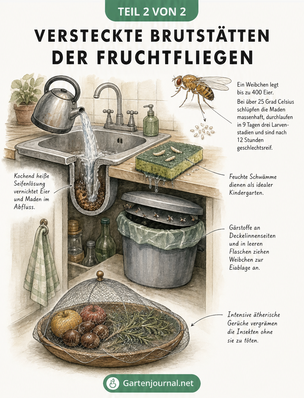 Illustration einer Küche mit versteckten Brutstätten von Fruchtfliegen wie Abfluss, Spülschwamm und Mülleimer