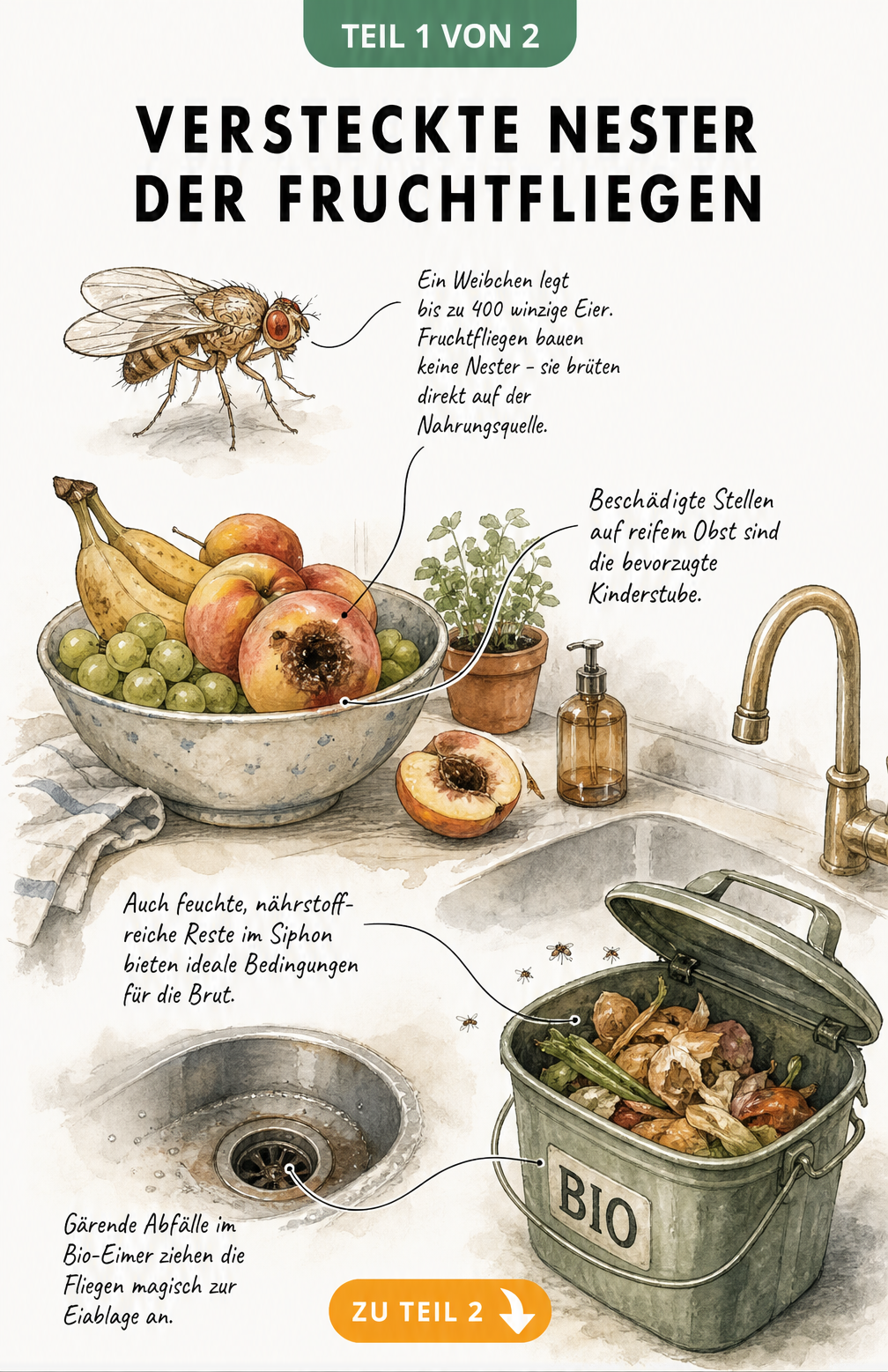 Illustration einer Küche mit Obstschale, Spülbecken und Bio-Mülleimer, die zeigt, wo Fruchtfliegen ihre Eier ablegen.