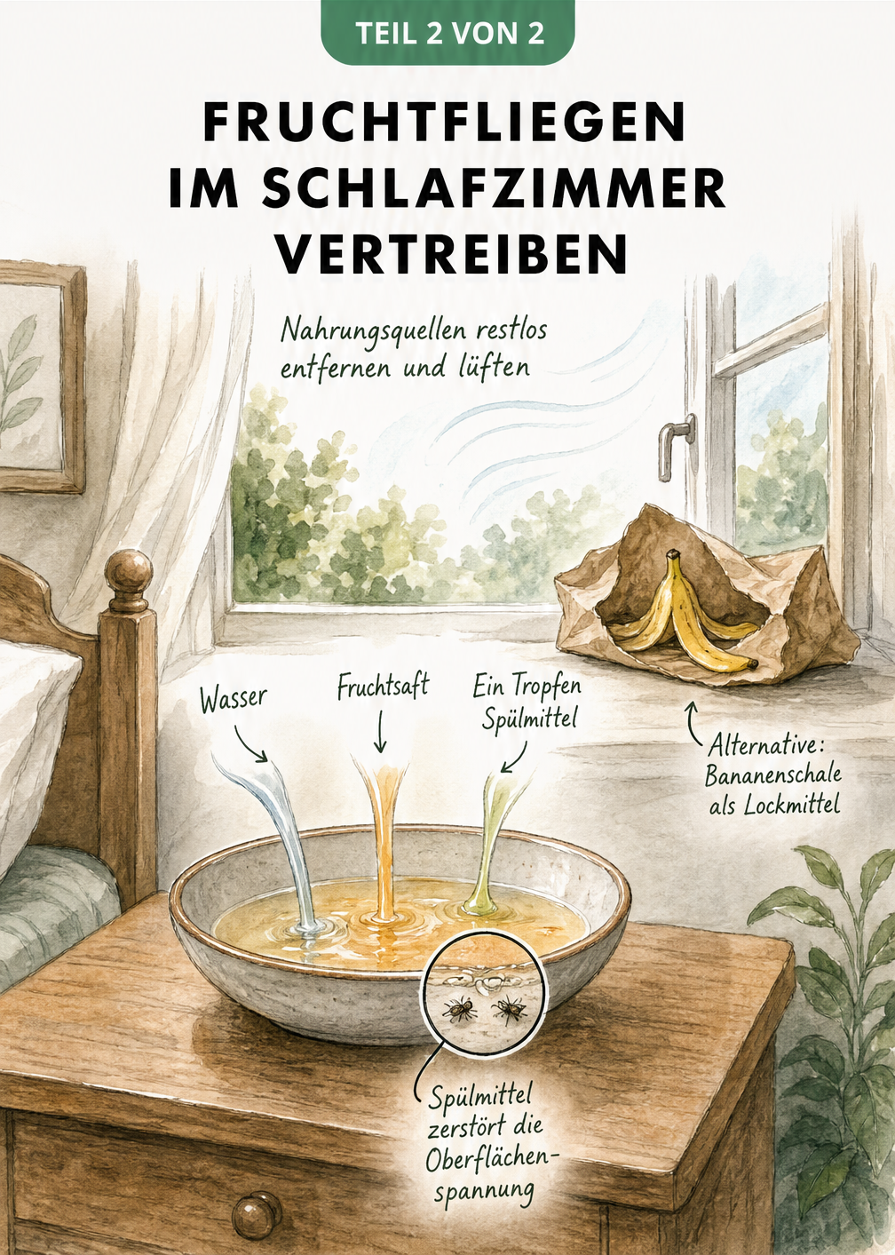 Illustration einer Fruchtfliegenfalle aus einer Schale mit Wasser, Fruchtsaft und Spülmittel auf einem Nachttisch